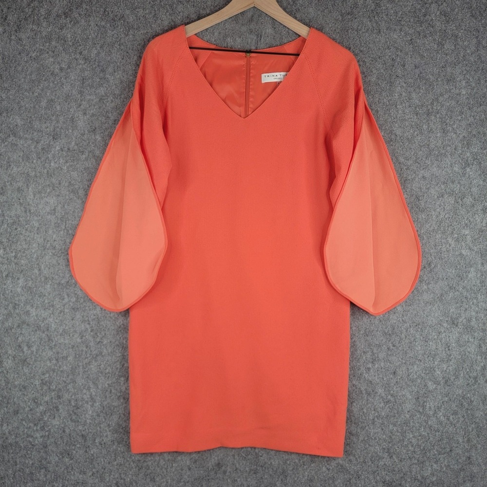 Trina Turk Dress Womens 0 Coral Odelia 3/4 Split Sleeve Textured Crepe Shift - Picture 6 of 13